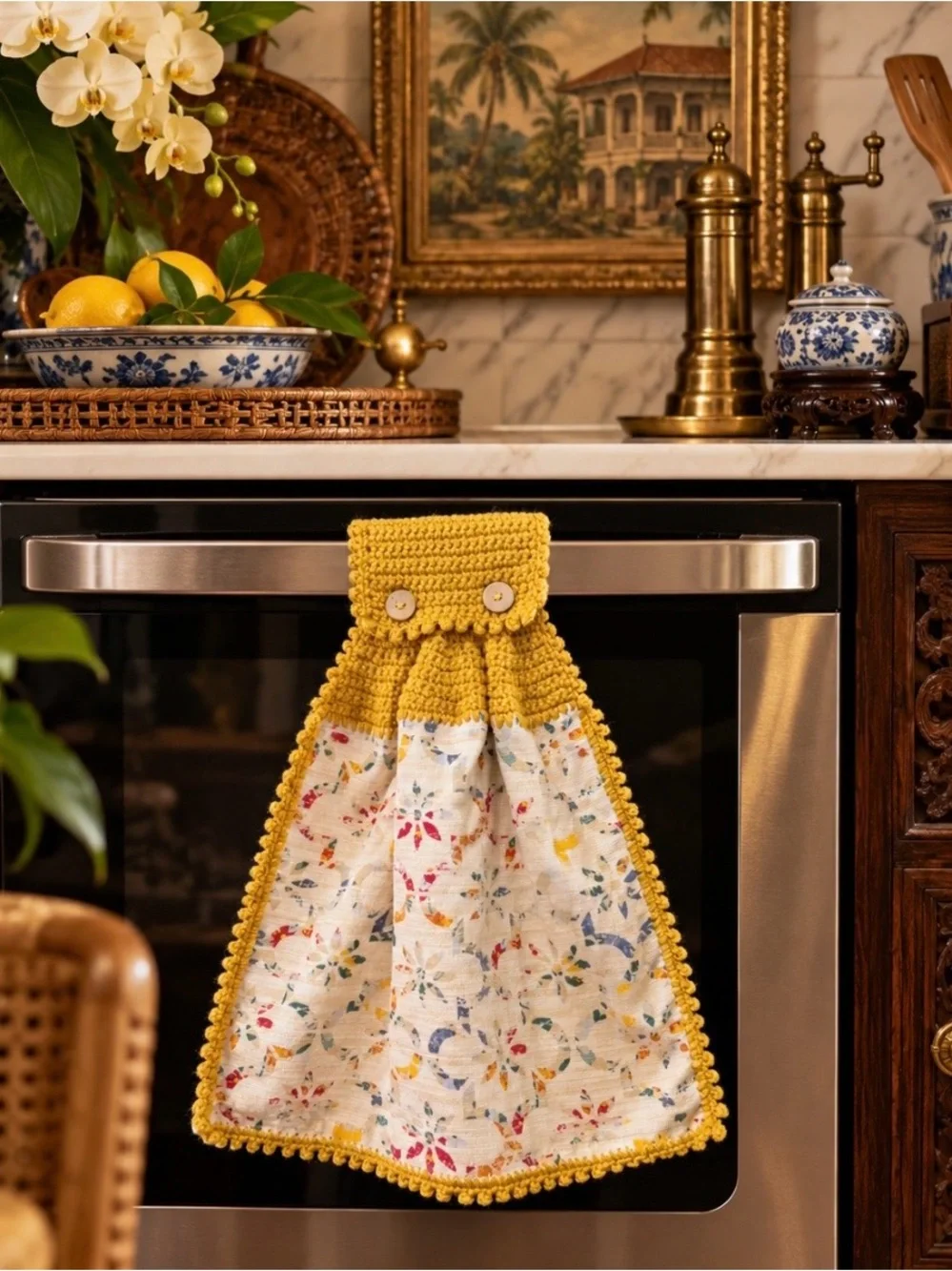 Handmade Crochet Hanging Kitchen Towel Mustard Gold Floral